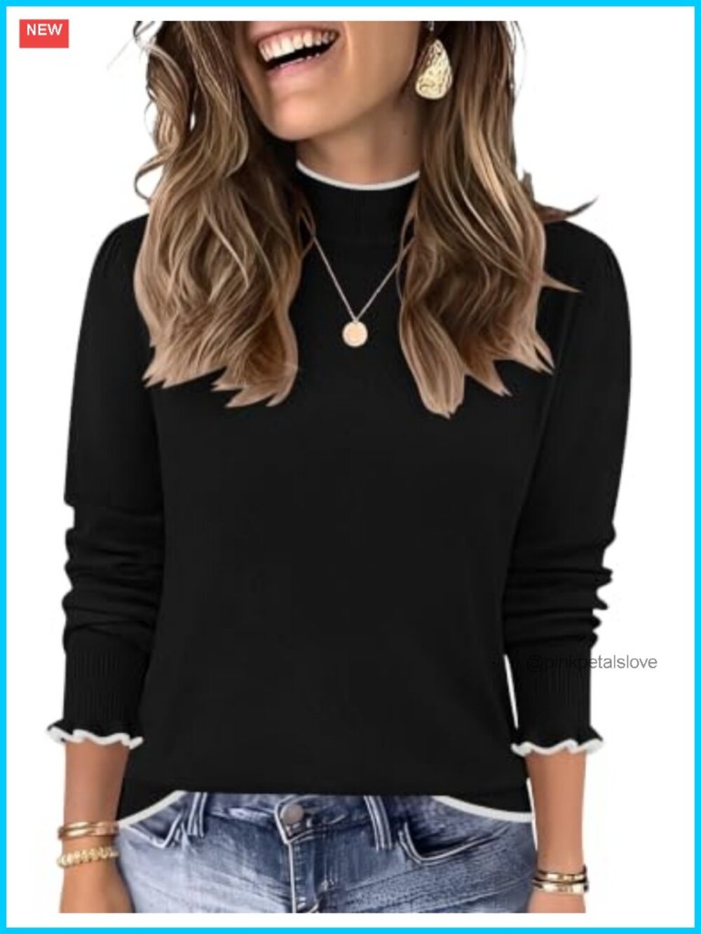 Wool Blend Mock Neck Long Sleeve Knit Sweater Pullover Ruffled Sleeve